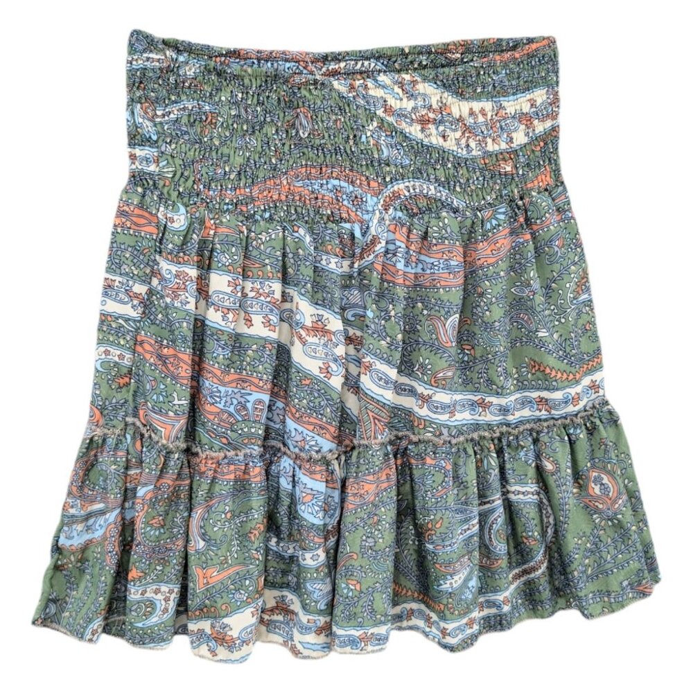 Perry Walker Collective Mini Skirt Green Paisley Silk Blend Pleated Boho Sz 2